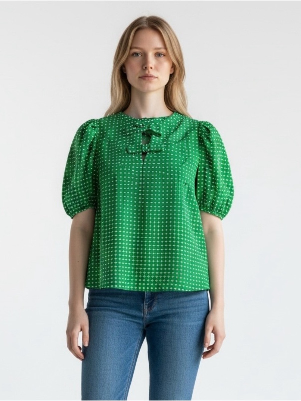 kate spade Green Polka Dot Puff-Sleeve Cotton Blouse with Bows Sz L
